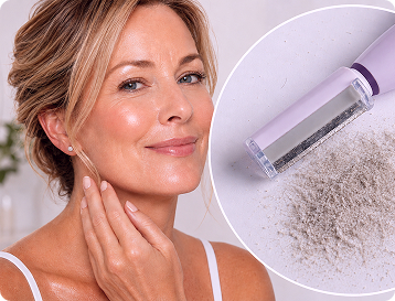 Woman with radiant skin next to the SonicSmooth Pro+ device