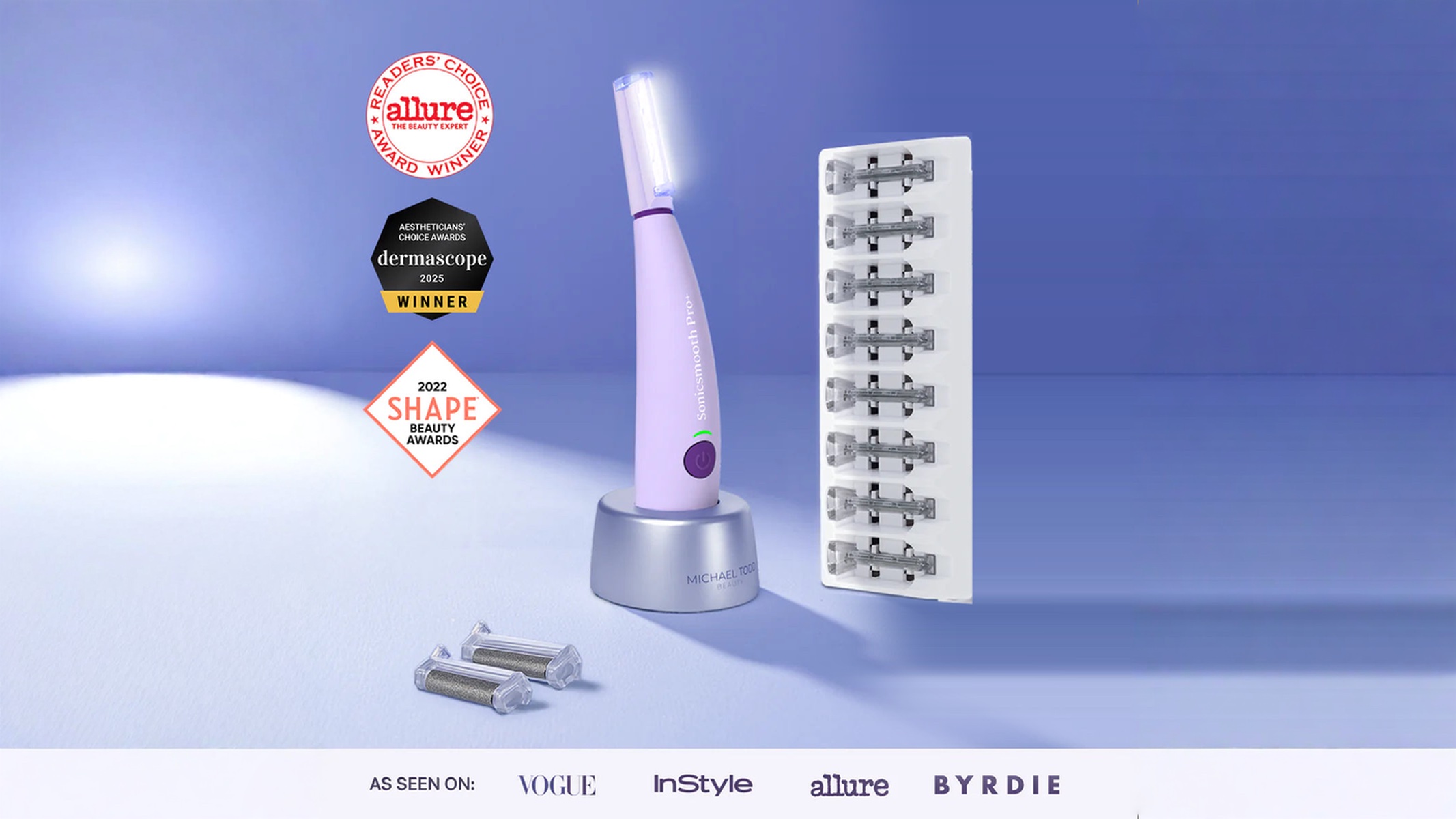 SonicSmooth Pro+ device with replacement heads and accessories on a tray